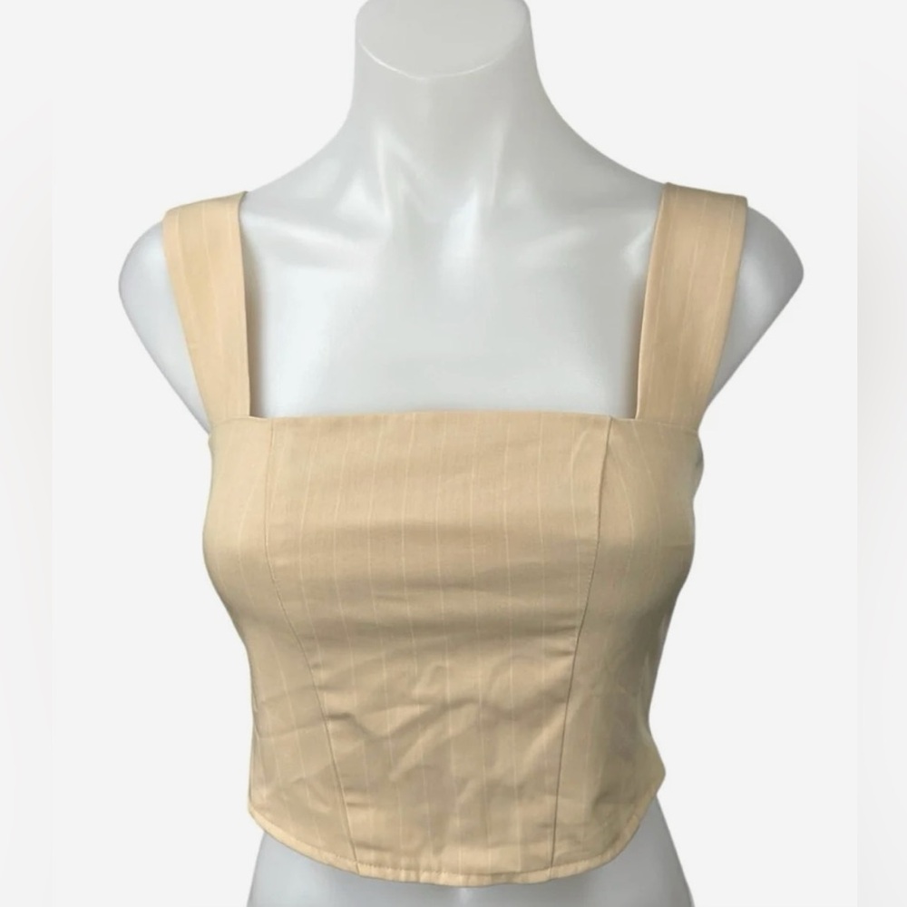 TIGER MIST - Beige Tan Pin Stripe Crop Tank Top - Size: Small - Going Out Top!